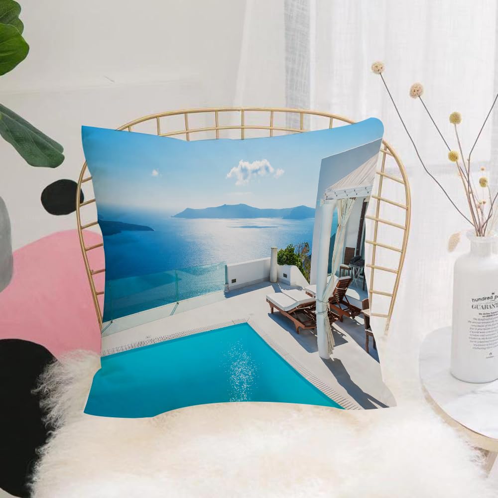 HYOSXW Cushion Cover,Throw Pillow Case Home Decorative for Living Room Bedroom Sofa Chair 16X16 Inch,architecture on Santorini island in Greece Blue White Hot Pool,Pillowcase 40X40cm