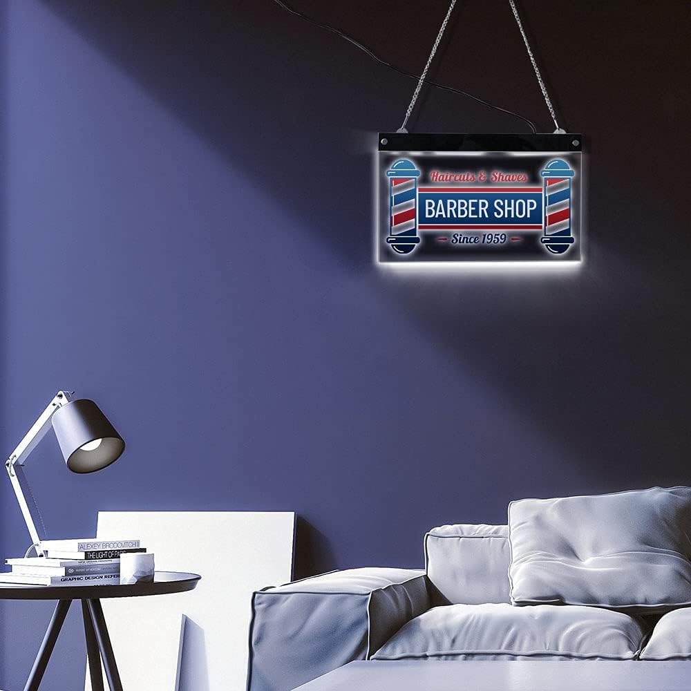 The Geeky Days Haircuts & Shaves Barber Shop LED Electronic Lighted Sign Hairdresser Custom Hair Salon Acrylic LED Edge Lit Barbershop Logo (40x30cm/15.74 x12inches)