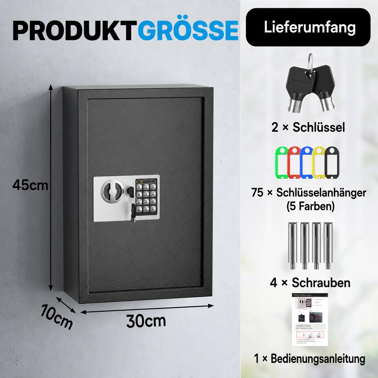 Schlüsselkasten, 73 Positionen Schlüsseltresor mit Kombination, Schlüsselbrett mit zurücksetzbar, schwarz, Digitale Sicherheitsbox, Schlüssel-Organizer mit verstellbaren Regalen