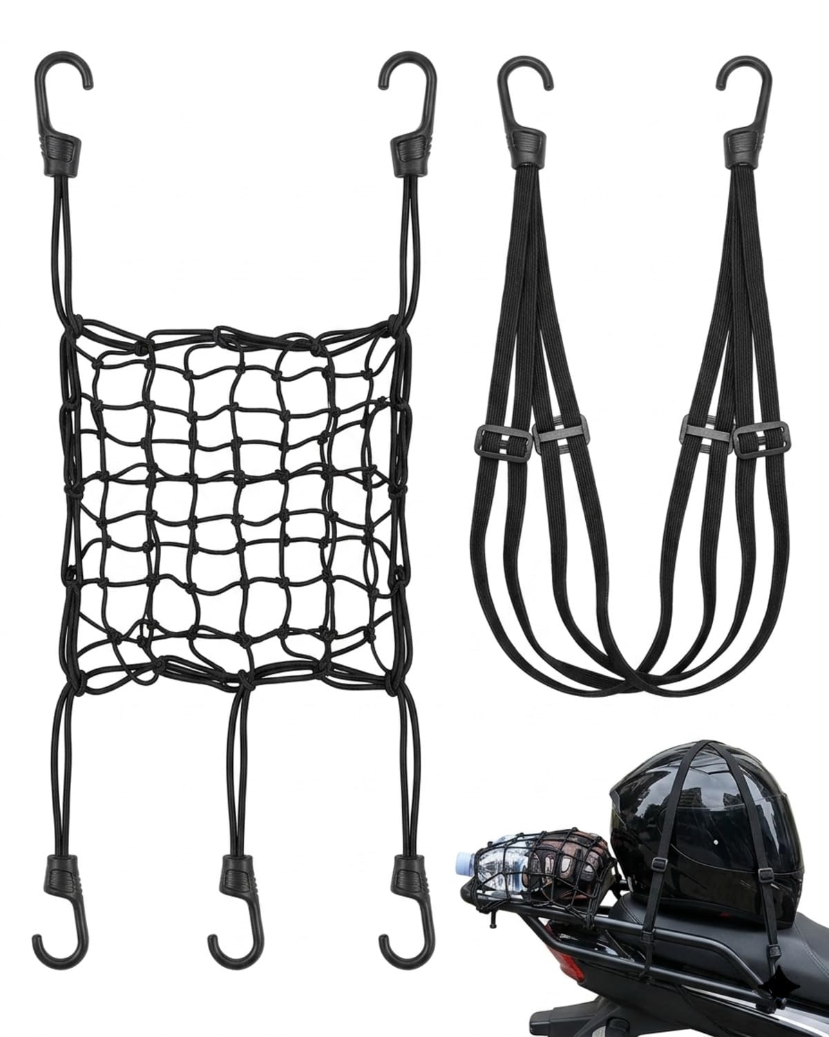 TISCH Rete Ragno Elastica Moto con Ganci Fascetta Porta Casco 2in1 Universale per Bagagli Carico Sicuro