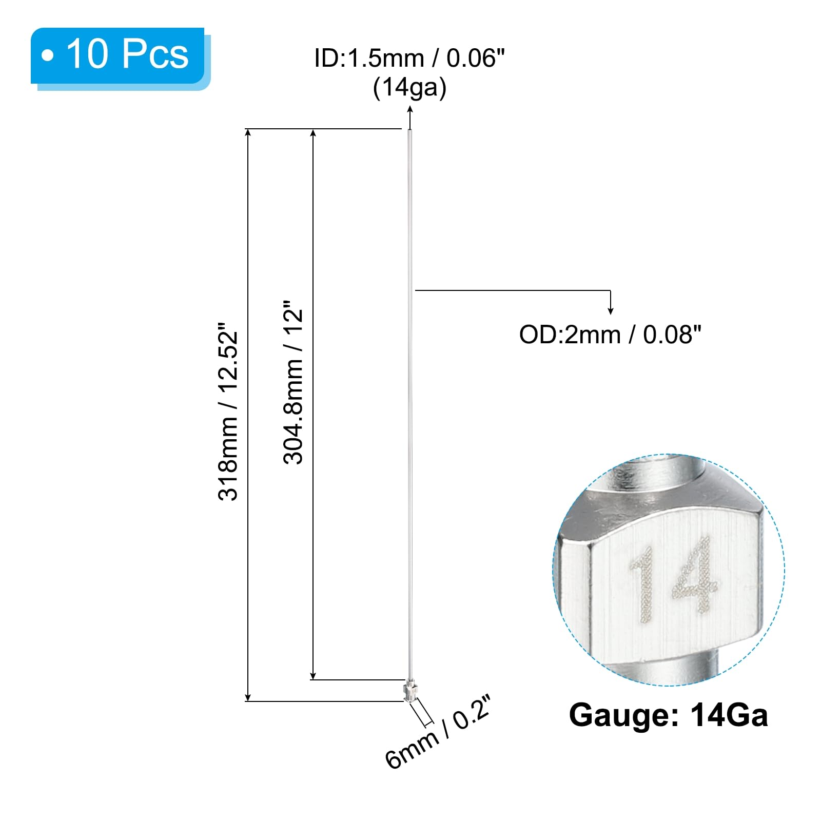 PATIKIL 14Ga x 12 Zoll Edelstahl Dosiernadeln 10Pcs Metall Klebenadel Röhrchen Stumpfe Spitzen Luer Lock Dicke Klebstoffe Tinte Labor Silber