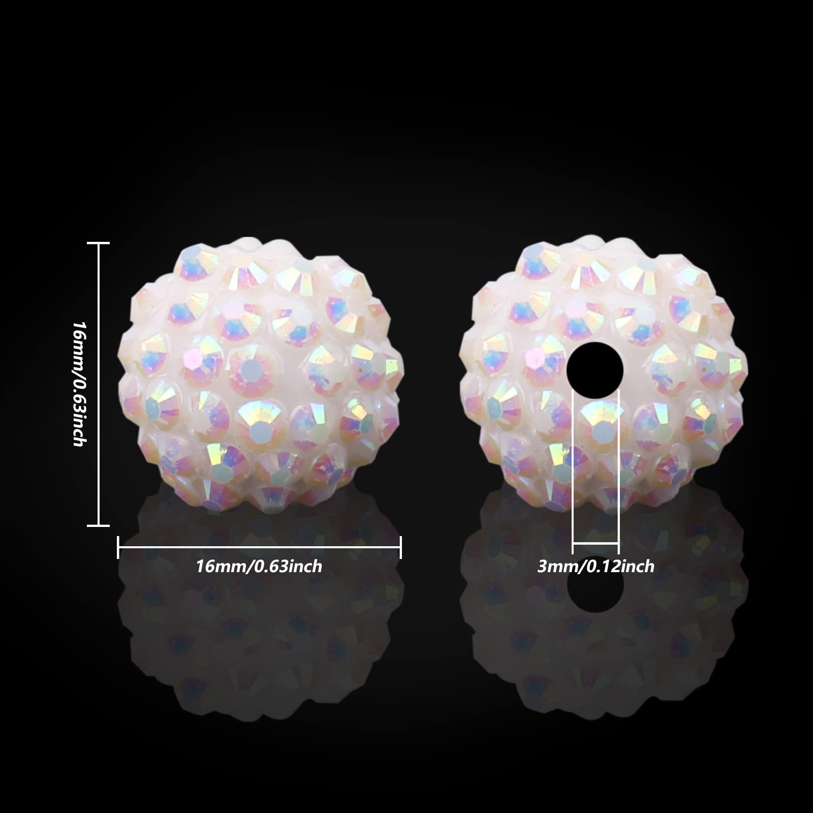 50PCs 16MM Chunky Resin Rhinestone Beads Round Disco Ball Bubblegum Beads for Women Necklace Bracelet Jewelry Making Phone Lanyard Hair Accessories DIY Crafts (White AB)