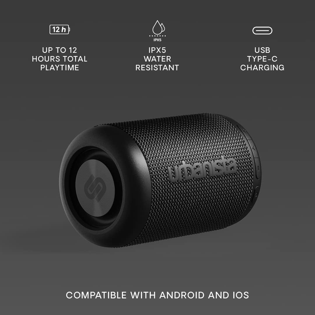 Urbanista Wireless Bluetooth Speaker, Portable Speaker Water Resistant IPX5, 12H Playtime, Button Control, Bluetooth 5.2 Dual Pairing, Loud Speaker Stereo Sound, Outdoor Speakers, Memphis, Black