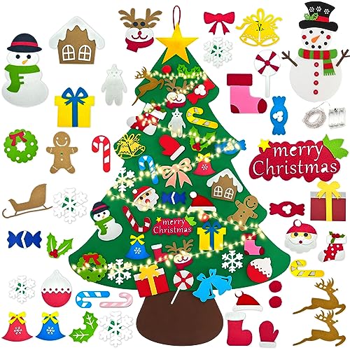 NINGESHOP Árbol de Navidad de Fieltro, Árbol de Navidad de Pared con 41 Piezas Ornamentos Desmontables y Cadena de Luz LED, árbol Navidad Fieltro para Niños, Navidad Decoración De La Pared del Hogar