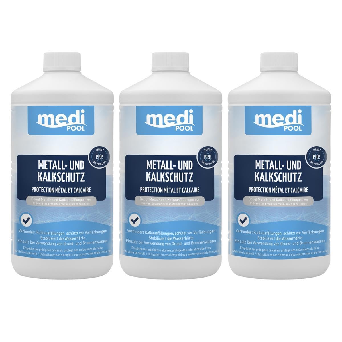 Medipool Metall- und Kalkschutz 3X 1 L, bei Verwendung von Grund- und Brunnenwasser, schützt den Pool und Leitungen, gegen Kalkausfällungen, Ablagerungen und Korrosionsschäden