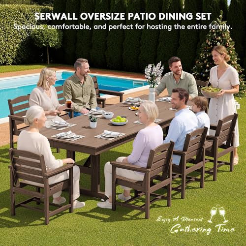 Image of SERWALL Outdoor 84 inch HDPE Dining Table with Umbrella Hole for 6-8, Brown | 9-piece HDPE 84 inch dining table, Ideal for Outdoor Gathering