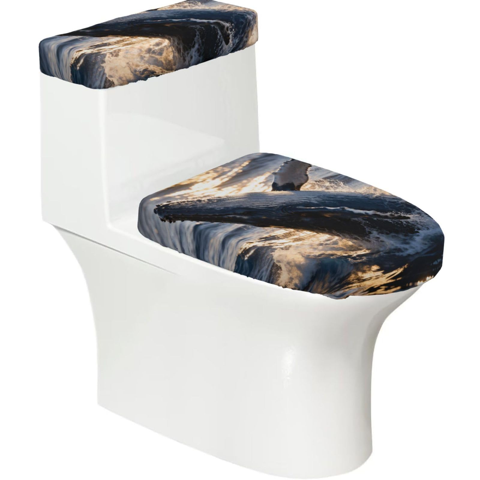 Cntdbu Black Humpback Whale Elastic Toilet Cover Set Of 2-Stretchy Lid And Tank Covers For Bathroom, Soft Washable U Shape Toilet Decor
