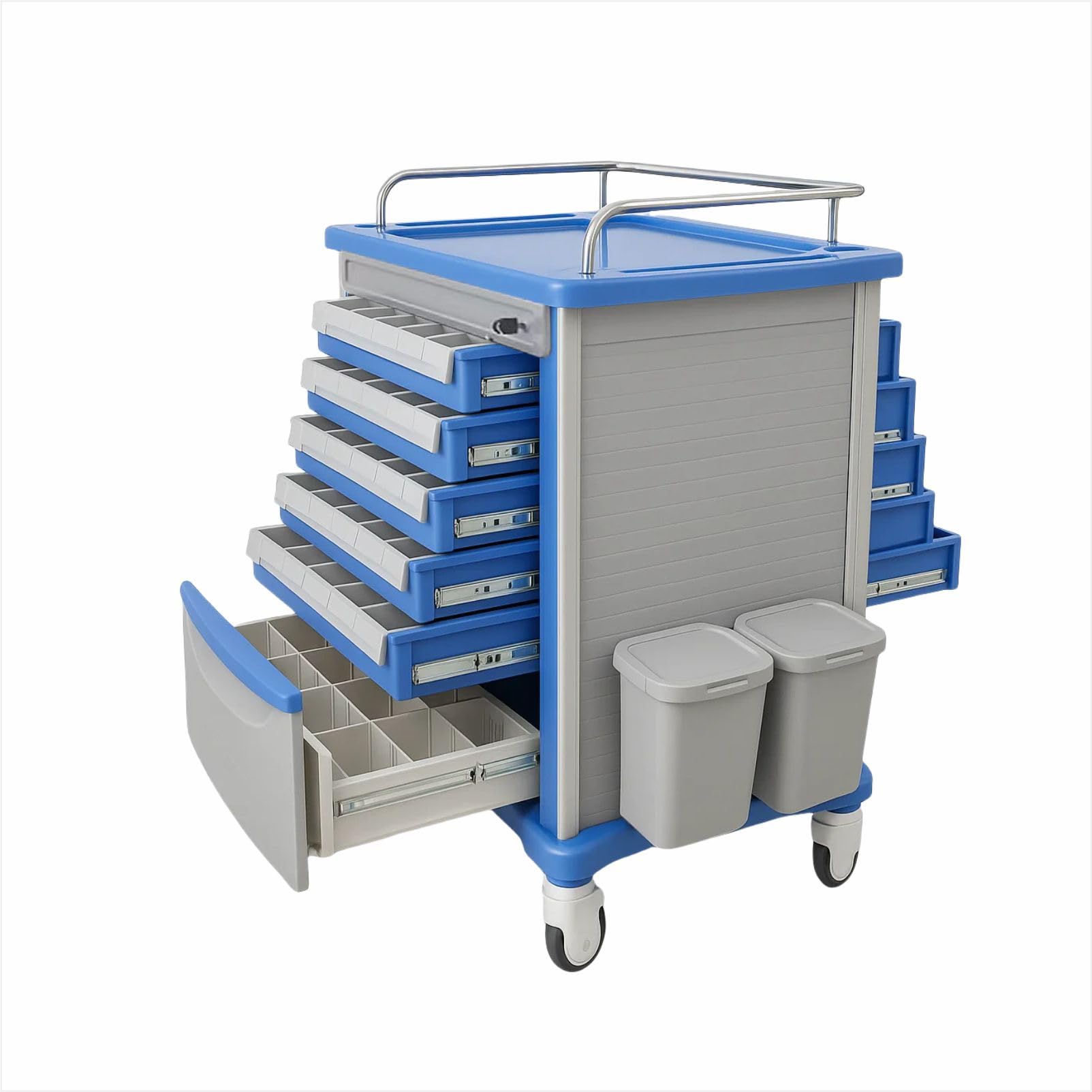 200-Bins Medication Cart with Trash Can & Chart Rack, Mobile Pill Cabinet for Clinic Nursing Center Daily Patients Management, Double-Sided Pull, Set