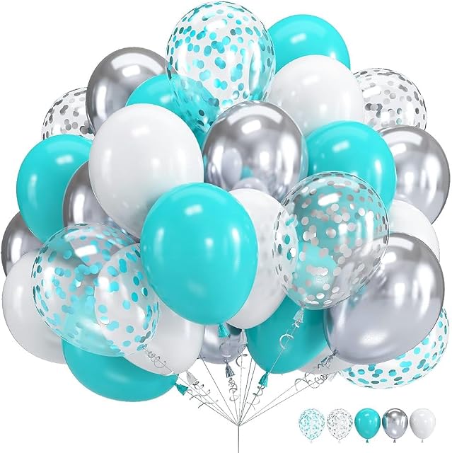 Teal Blue and Silver Balloons, 60 Packs 12Inch Teal and Metallic Silver Balloons, Teal Blue White Silver Confetti Balloon with Ribbons for Wedding Baby Bridal Baby Shower Birthday Party Decoration