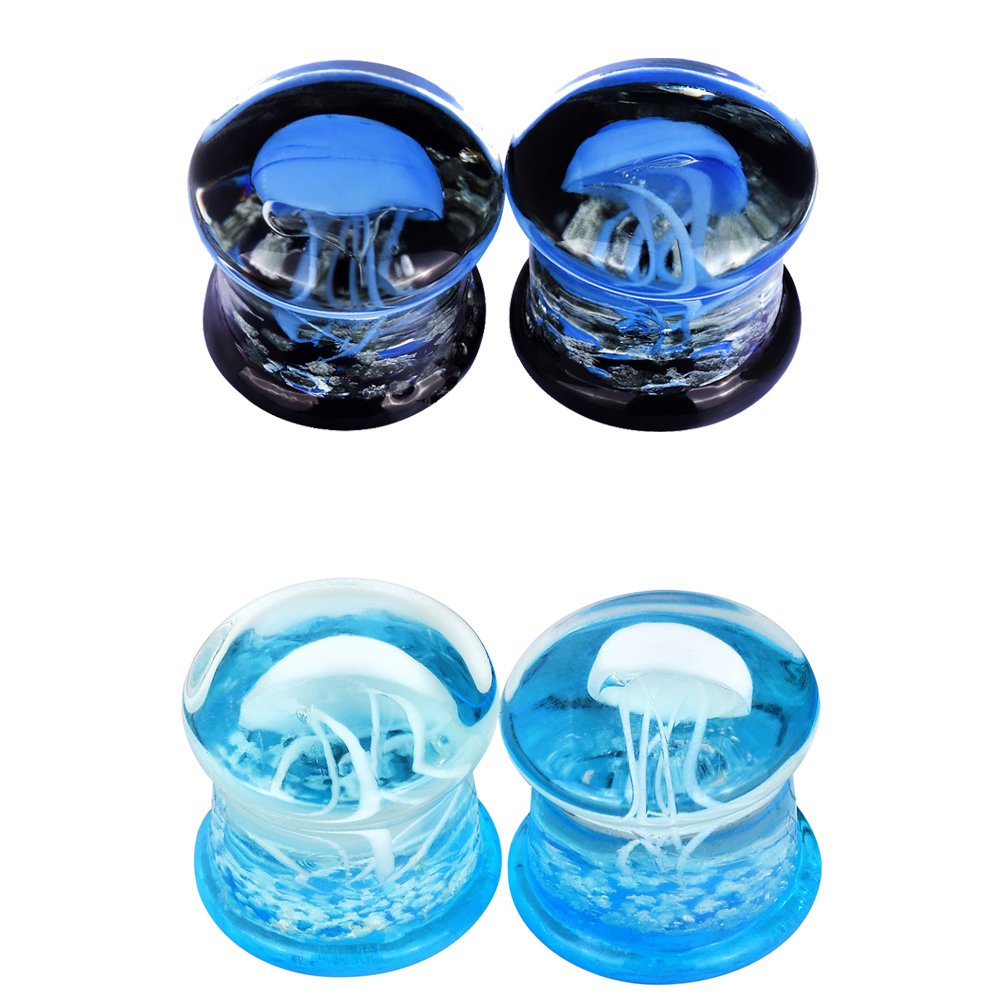 Stuppendux 4 Style 2Set Color Ocean Jellyfish Glass Double Flared Ear Plugs Tunnels Expander Stretching Kit Gauge 0g-5/8 8-16mm