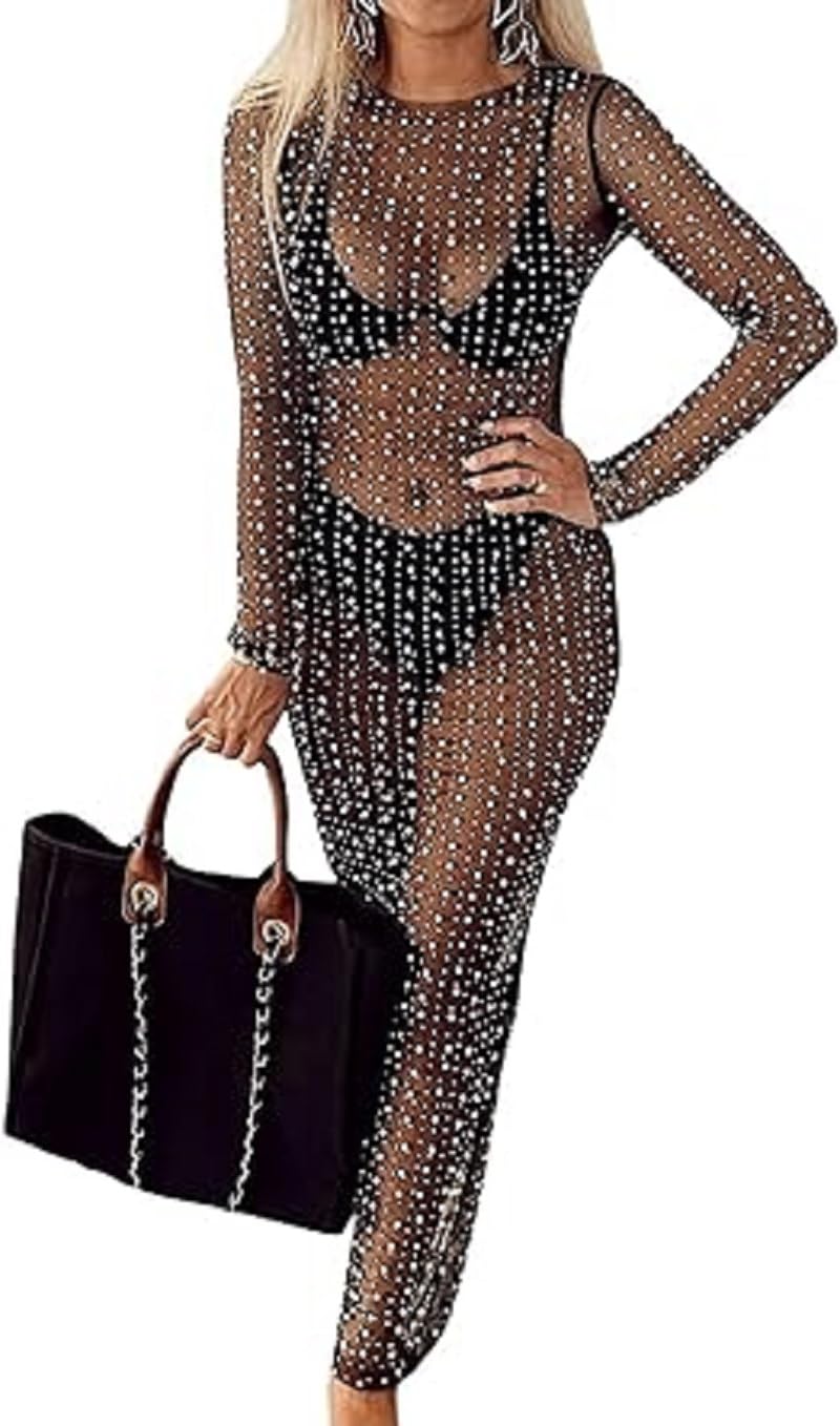 GenericWomen's Sheer Mesh Pearl Shiny Rhinestone Dress Long Sleeve Summer Swimwear Bathing Suit Cover Up