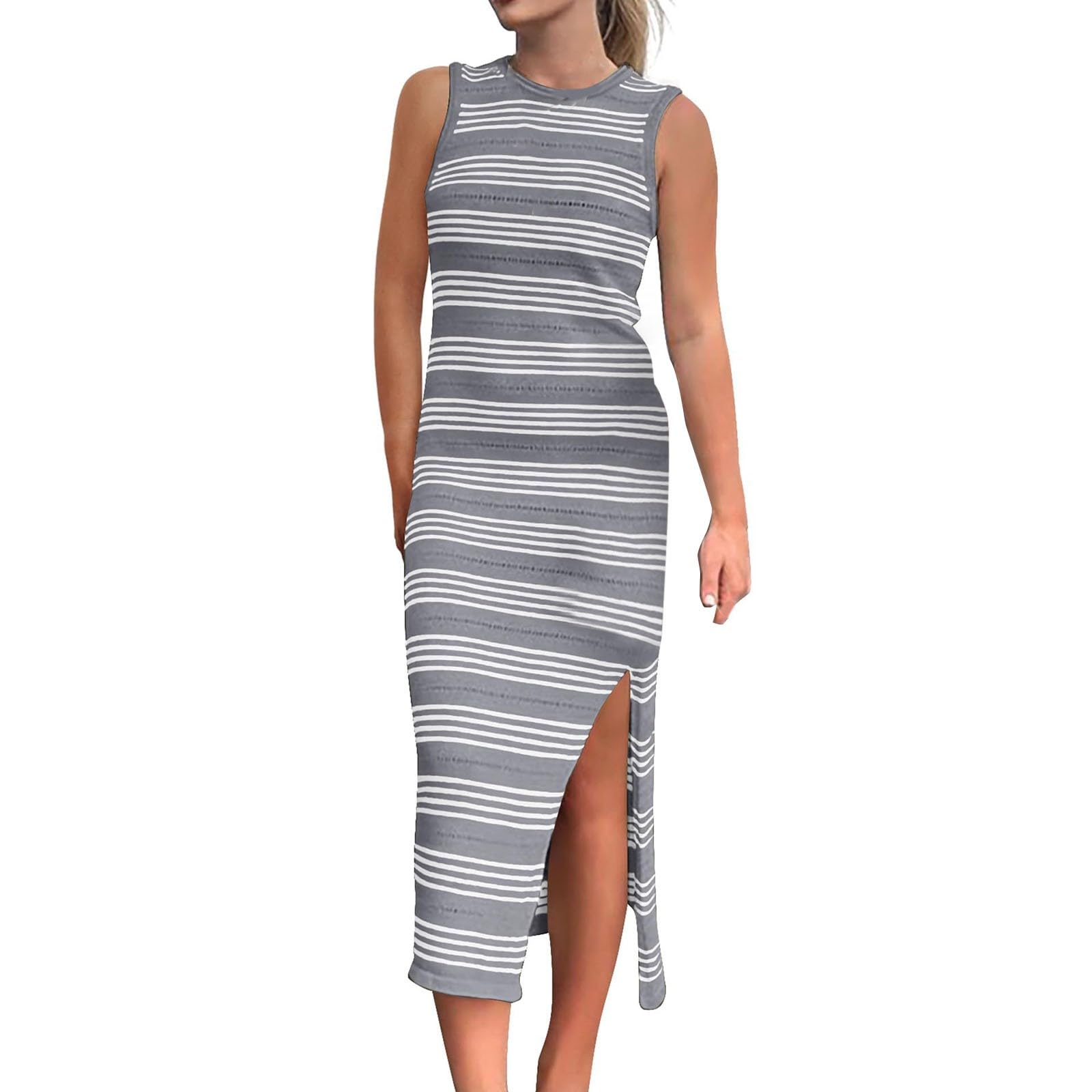 WERVOT Vestido de verano para mujer, ajustado, informal, midi sin mangas, hueco de punto, con abertura lateral, a rayas, vestido largo sin mangas, elegante