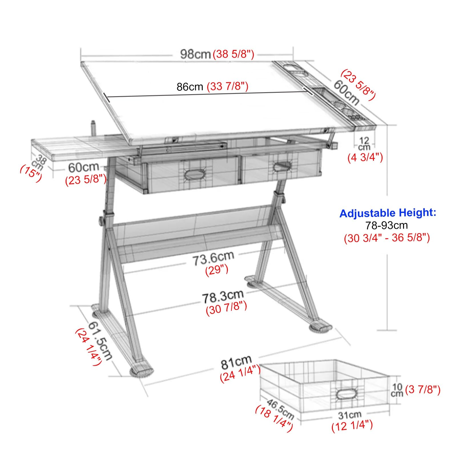 Table a Dessin Réglable avec Rangement et Inclinaison, Poste de Travail