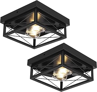 Farmhouse Flush Mount Ceiling Light, 2 Pack Industrial Ceiling Lighting Fixture, E26 Base Close to Ceiling Light, 2-Light Black Metal Square Ceiling Lamp for Hallway, Kitchen, Bedroom