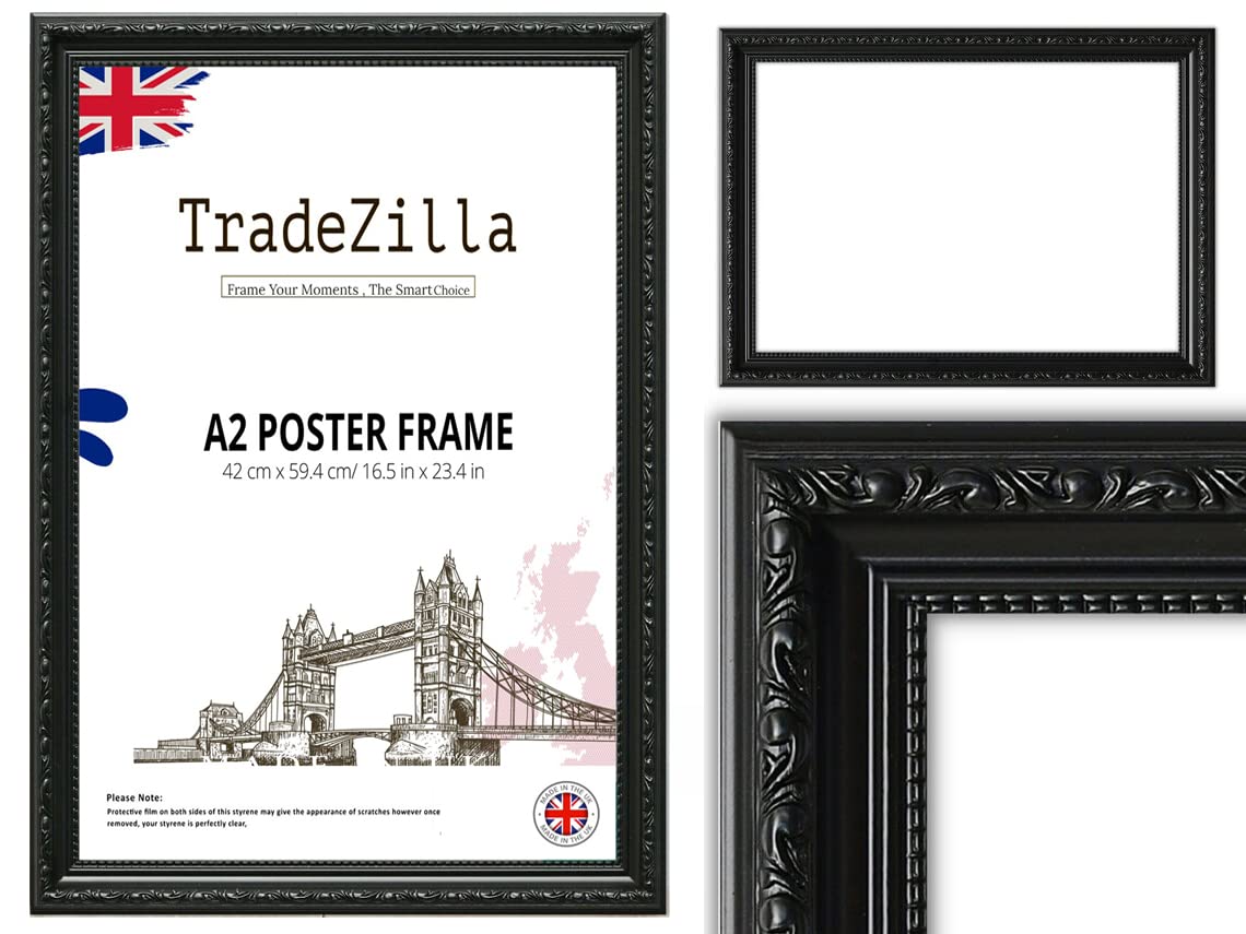 TradeZilla Antique Style Frame A2 Size - Ornate Shabby Chic Black Picture/Photo/Poster Vintage Frame with MDF Backing Board Perspex- For Gift Wall Gallery Home Décor- A2 (42 cm x 59.4 cm)
