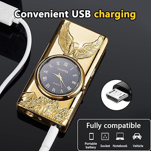 Miniatura 5 de SKRFIRE Encendedor de reloj eléctrico  Encendedor de plasma de doble arco resistente al viento, iluminación LED para regalos de velas (águila dorada)