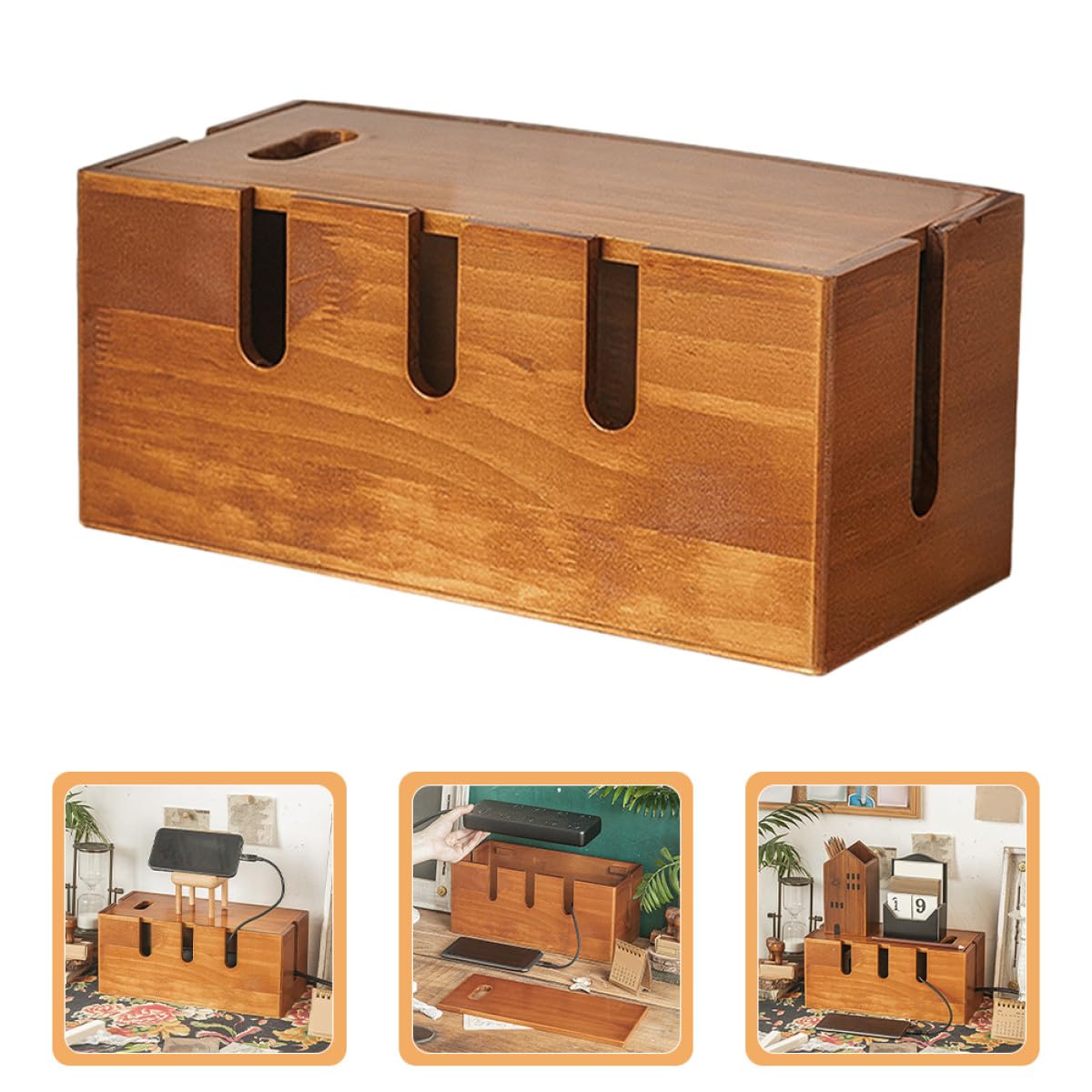 Organizador de Cables de Madera Maciza para Escritorio Caja para Organizar Cables Tapa Multifuncional para Regletas y Enchufes Almacenamiento Ordenado para Oficina y Hogar