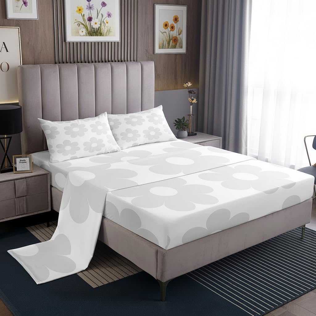 Manfei Cute Daisy Flowers Bed Sheet Set 4 Piece,70s Retro Groovy Sheets Full Size Sheets Set,Cartoon Floral Gray Soft Microfiber Bedding Set with Flat,Fitted Sheet,2 Pillow Cases