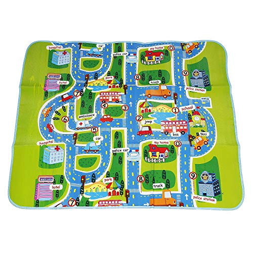 Straßenteppich,Teppich Kinderzimmer für Mädchen & Jungen Pflegeleicht, Spielmatte Baby aus Auto, Haus, Zahlen, Englisch und Anderen Mustern, 160 x 130cm Cover