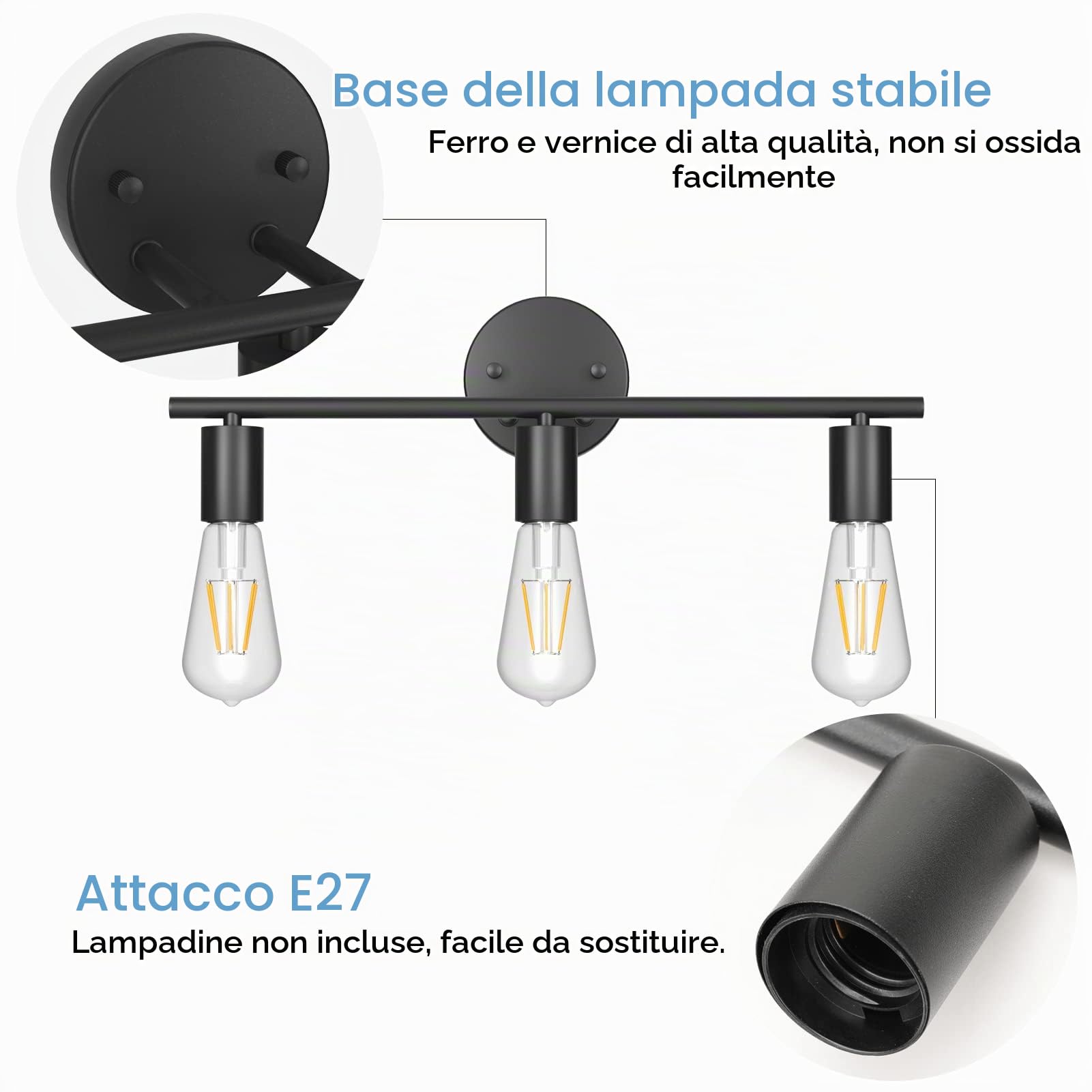 Klighten Lampada da Specchio per Bagno Industriale Vintage, Applique da Bagno con 3 Luci, Luce Specchio Bagno in Ferro Nero, Lunghezza: 48 cm/18.9 pollici, Attacco E27, Lampadina non Inclusa