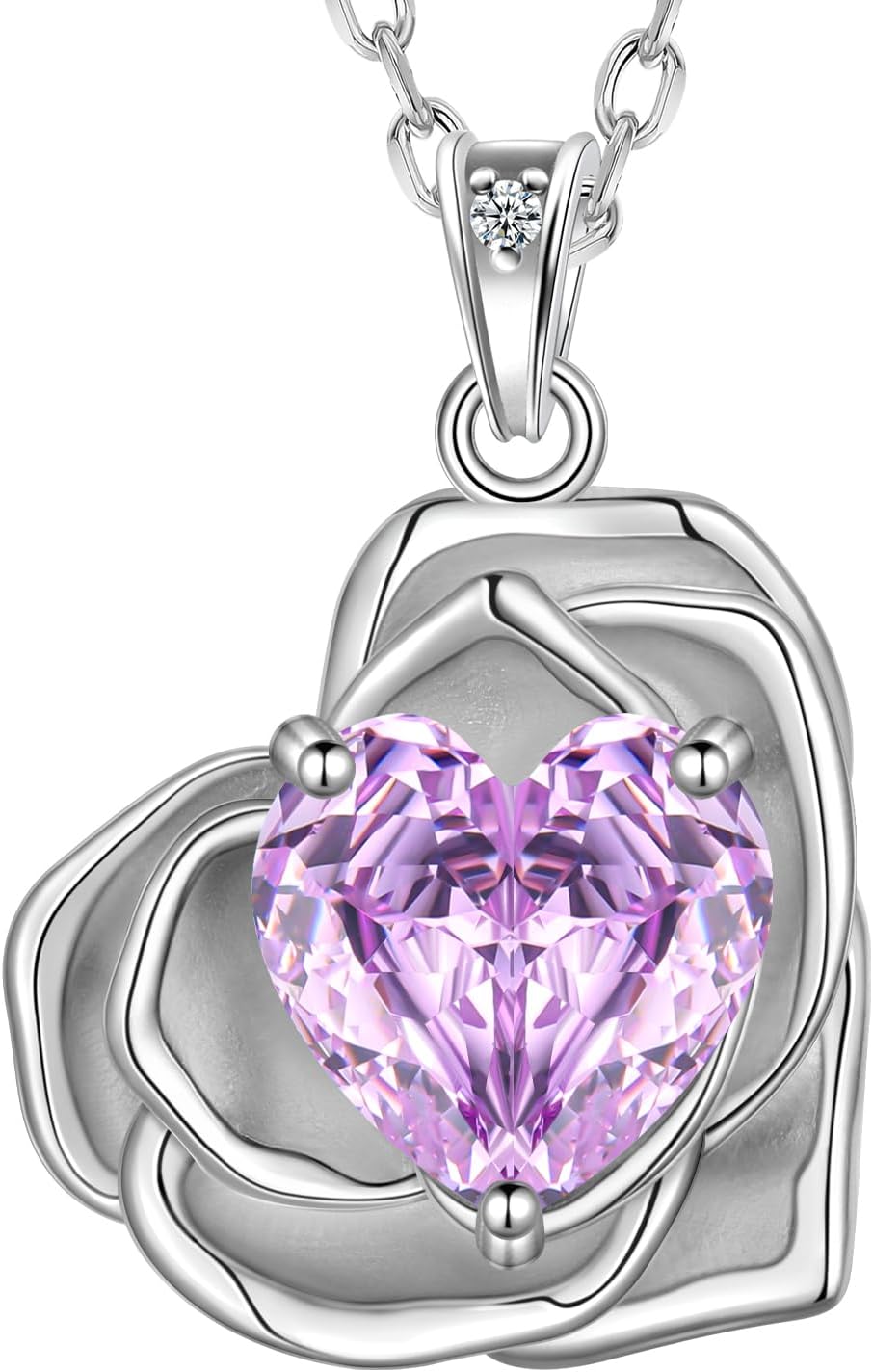 Aurora Tears Birthstone Rose Heart Pendant Necklace - 925 Sterling Silver Rose Cut Cubic Zirconia Love Necklace Anniversary Birthday Jewelry Gift for Women Wife Mom Daughter