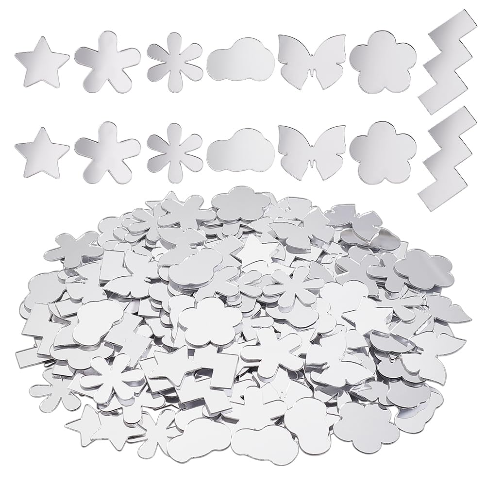 PH PandaHall 210pcs 7 Styles Mirror Mosaic Tiles Self Adhesive Mini Mirror Pieces for Crafts Flower Butterfly Cloud Crystal Acrylic Mirrors for Party Home Cloth Dector Christmas Halloween