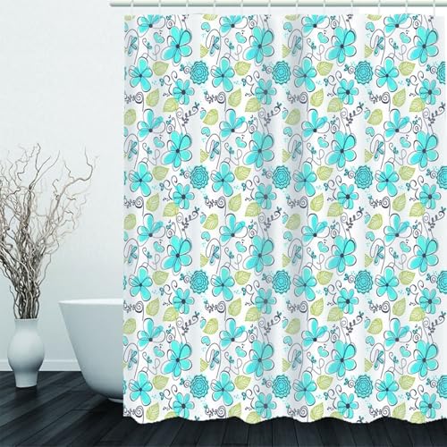 Rideau de douche en tissu bleu floral en polyester imperméable - 3
