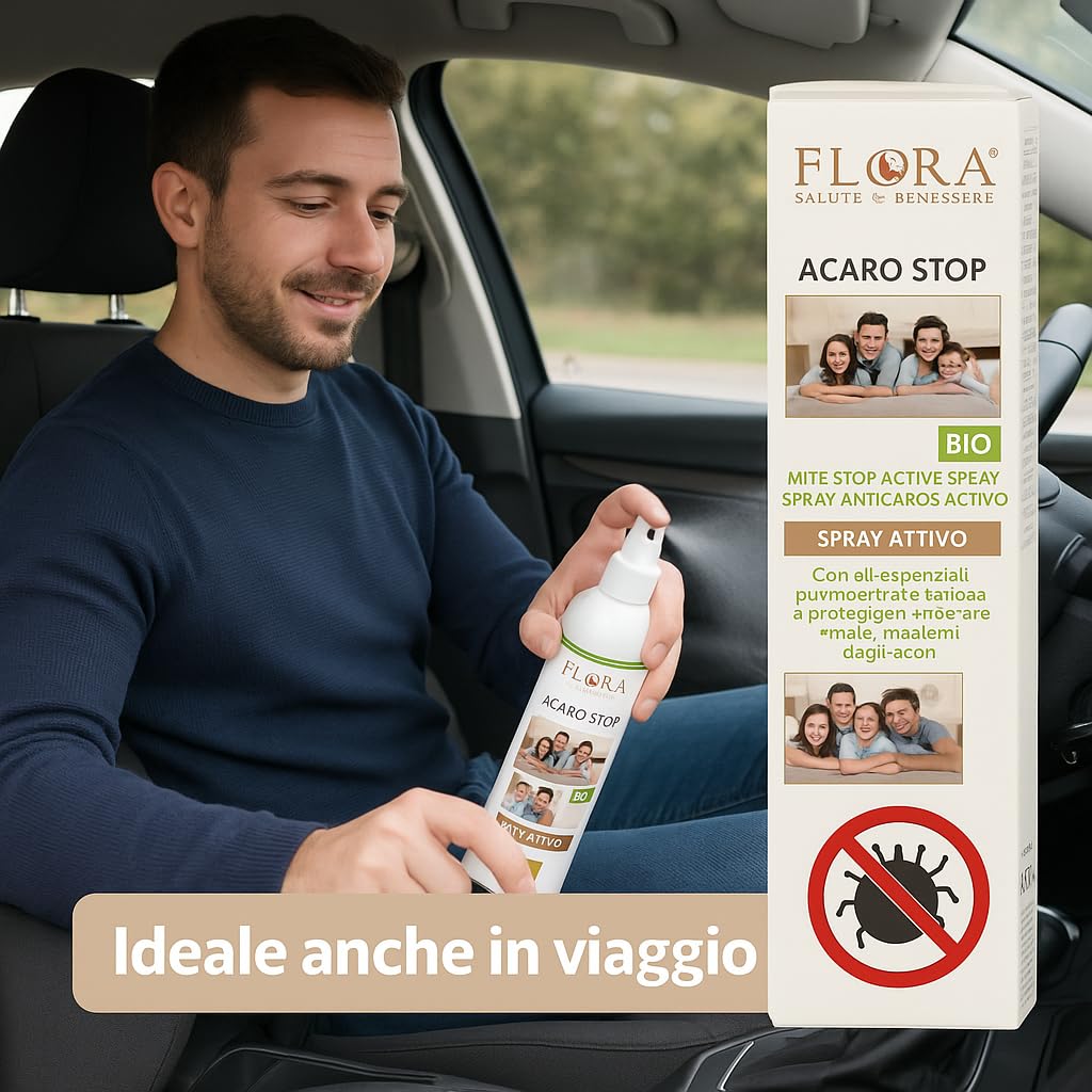 FLORA Acaro Stop Spray Antiacaro BIO-ICEA 200 ml – 15 Oli Essenziali 100% Puri + Olio di Neem, Protegge da Acari della Polvere, Non Macchia Tessuti, Uso su Materassi, Cuscini, Tappeti, Casa & Auto