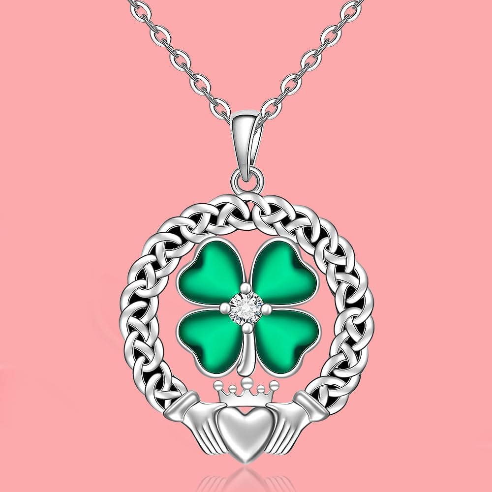 St Patricks Day Necklace Shamrock Necklace for Women Four Leaf Clover Necklaces Sterling Silver Celtic Claddagh Irish Green Shamrock Pendant Jewelry Lucky Gifts - Image 9
