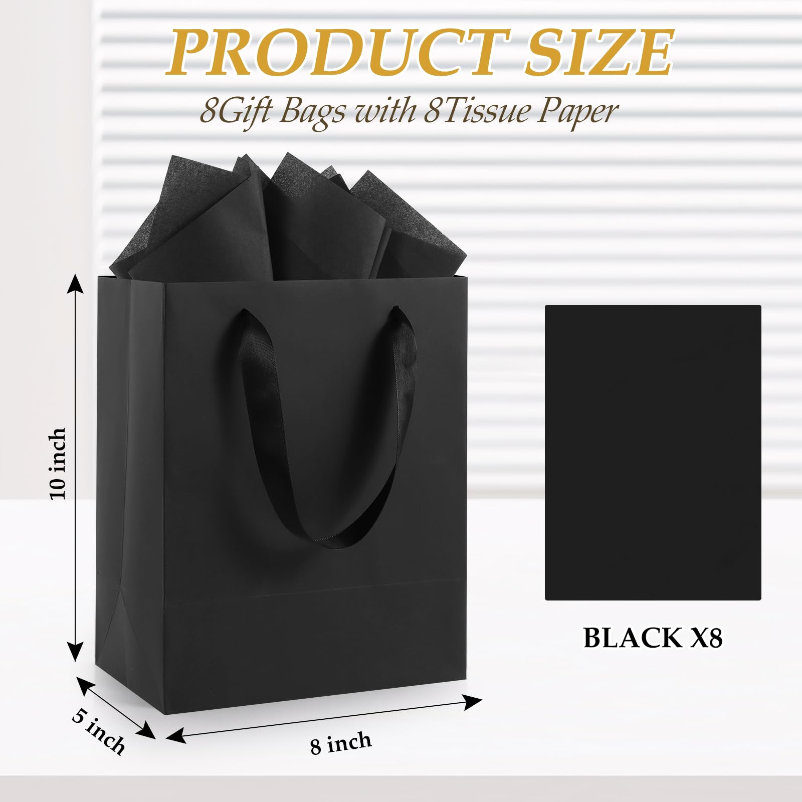 Epoesch 8 Pack Black Small Gift Bags with Handles and Tissue Paper, 8x5x10 Inch Paper Bags for Men, Women, Birthdays Party, Baby Showers, Weddings, Valentine's Day, Easter, Anniversaries (Black small-8Pcs)