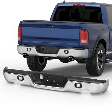KUIPERAUTO Chrome Rear Bumper Assembly w/LED Square Light Compatible for 2009-18 Dodge Ram 1500 2500 3500/2019-2023 Ram 1500 Classic no Sensor Holes + w/Dual Exh Holes Steel Back Bumpers