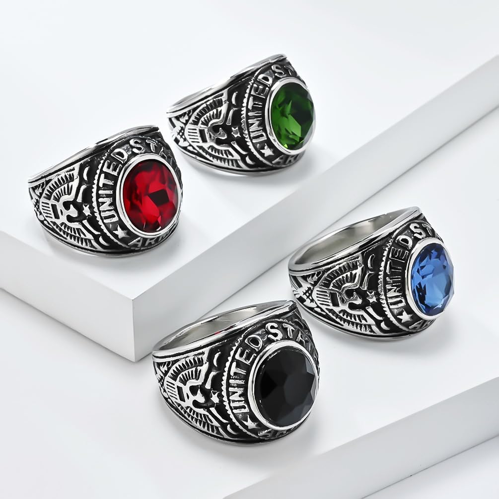 Men's Stainless Steel Vintage Gem Stone Ring National Emblem Round Signet Rings Cool Army Jewelry