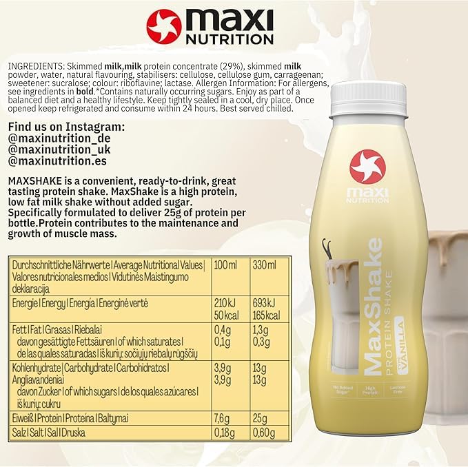 MaxiNutrition MaxShake Protein Milchshake Vanille, 12x 330ml, cremiger Eiweiß-Shake für unterwegs, 25g Protein, low fat & low carb, laktosefrei, ohne künstliche Aromen, Made in Germany