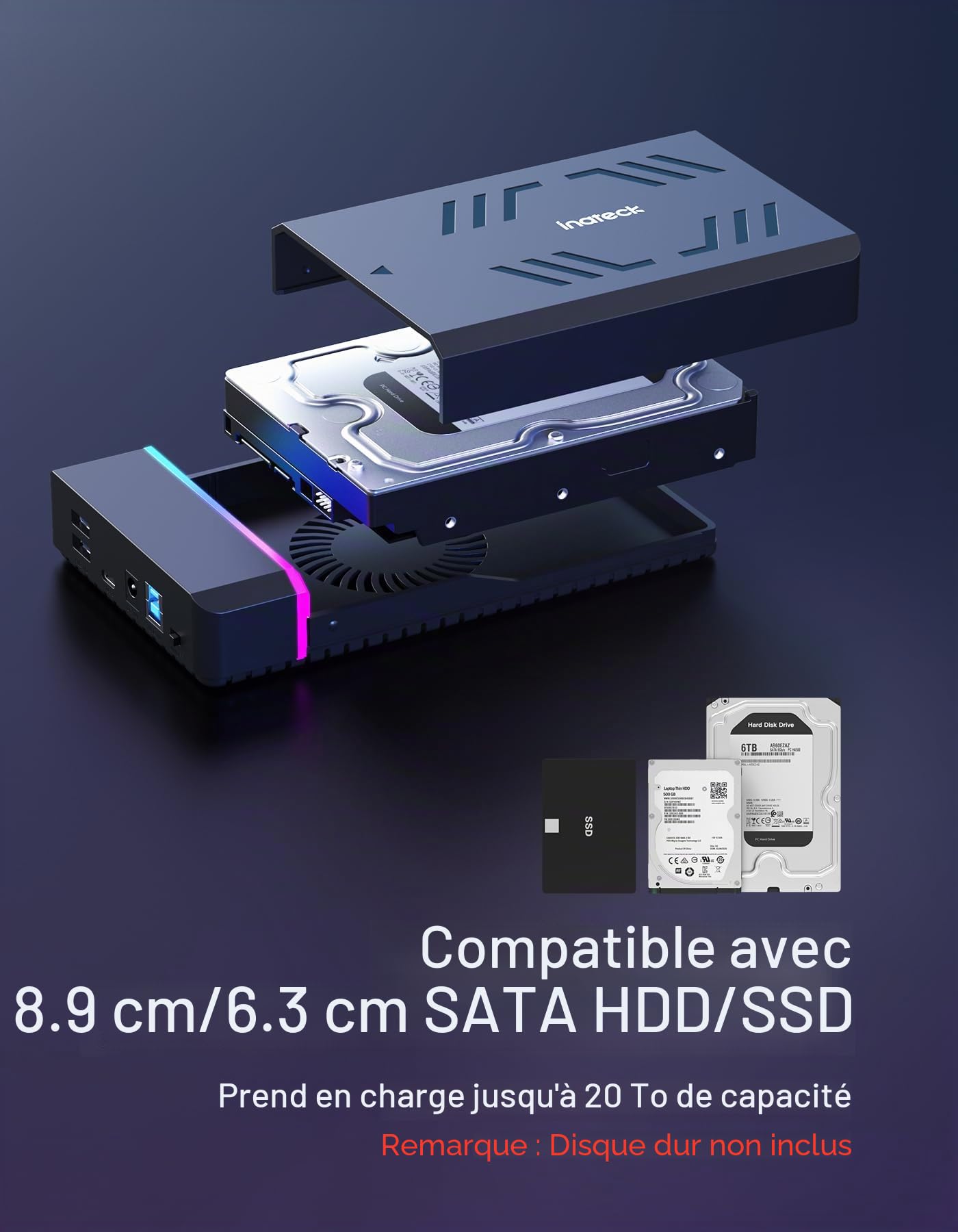 Inateck Boîtier Disque Dur RGB 3,5 Pouces, Boîtier Externe USB 3.0 pour SATA HDD et SSD 2,5''/3,5'', avec Ports d'Extension et Adaptateur d'alimentation 12V/2A, Prend en Charge jusqu'à 20 to, FE3003