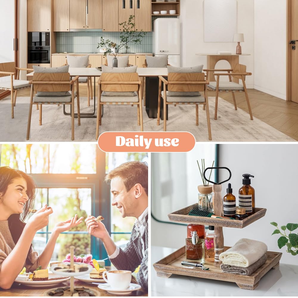 Plateau de service en bois à 2 niveaux pour fêtes, mariage, fruits, 2 étages, plateau rustique à 2 étages avec manche en métal