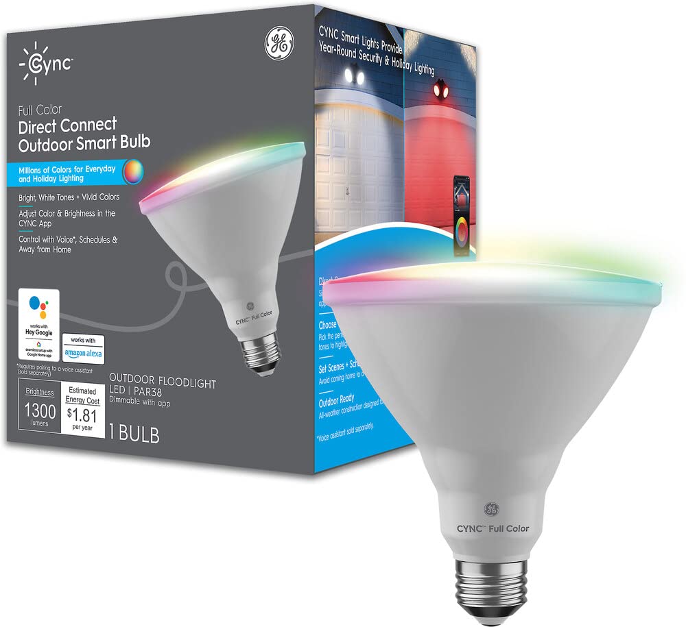 GE CYNC Smart LED-Glühbirne, farbwechselnde Lichter, Bluetooth- und WLAN-Lichter, funktioniert mit Alexa und Google Home, PAR38 Außenstrahler (1 Pack)