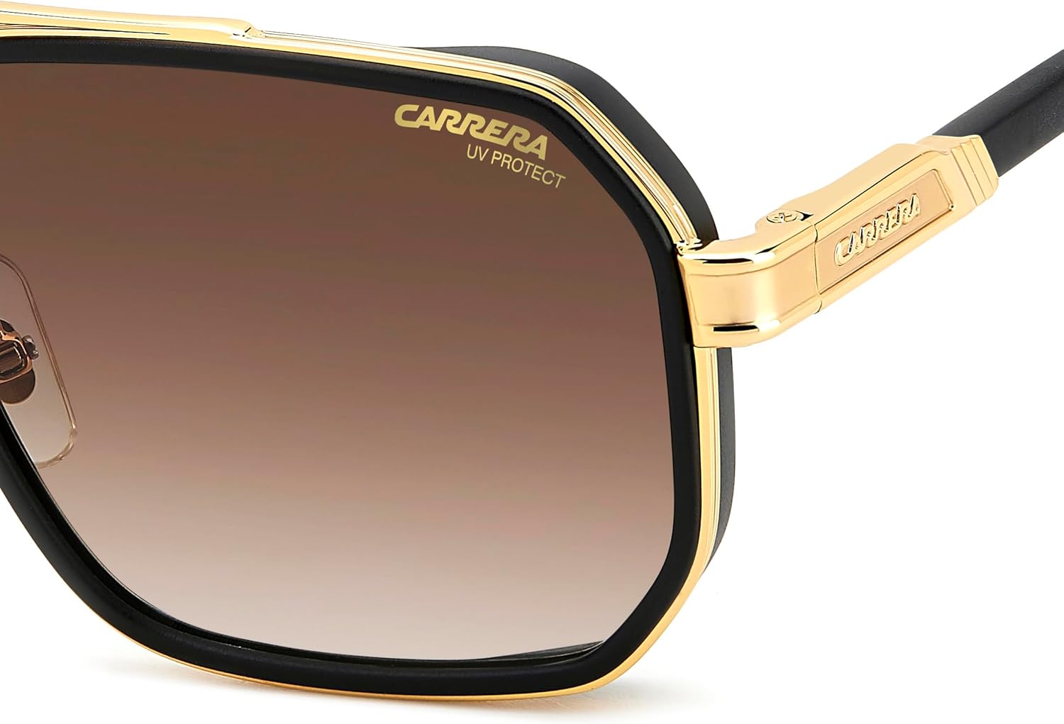 Close-up of the Carrera 1069/S sunglasses hinge and temple, showing the engraved logo.