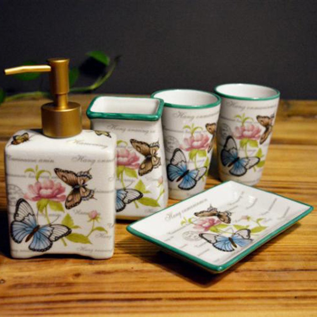 Cuarto de baño de Estilo Chino Cerámica de Grietas de Hielo Cuarto de baño 5 Piezas Soporte de Cepillo de Dientes dispensador de jabón Soporte de jabón Taza de Enjuague Juegos