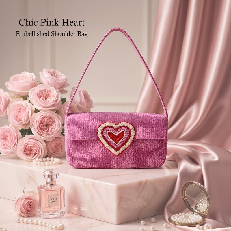 Image of Boho Girl Chic Pink Heart Embellished Fully Beaded Shoulder Bag for Women, Luxury Handbag, Ladies Bag, Tote Bag, Shoulder Bag, Designer Stylish Bag for Women