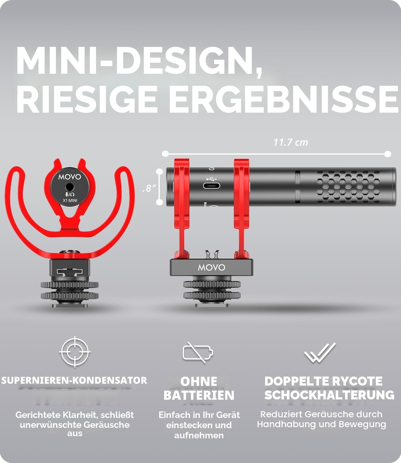 Movo X1-Mini Video Shotgun Mikrofon für Kamera Superniere 3,5 mm/USB-C Analog/Digital Kameramikrofon für DSLR, iPhone und Android Smartphones, Computer - Kompatibel mit Canon EOS, Nikon, Sony