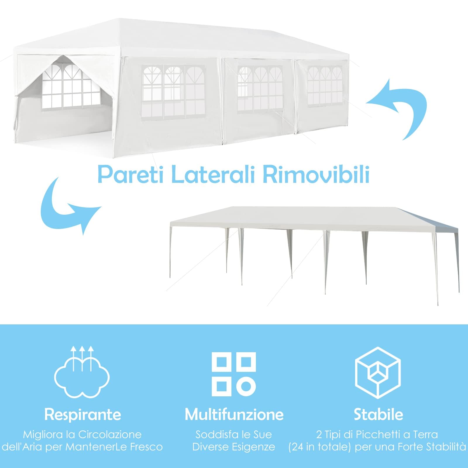 RELAX4LIFE Carpa Plegable 3x9m con 8 Paredes Desmontables y Ventanas, Carpas para Exteriores con 8 Cuerdas de Viento, 24 Clavos y Bolsa de Transporte, Cenadores para Jardín, Camping (3X9M-8 Paredes)