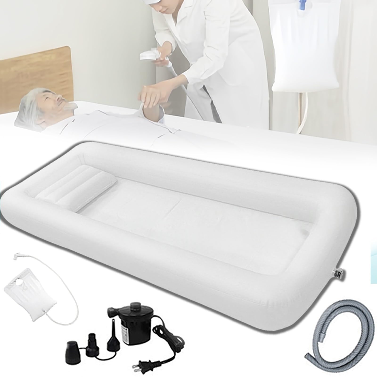 Wanna dmuchana dla dorosłych i osób starszych z tworzywa PVC przenośna składana torbą prysznicową przy łóżku pompką elektryczną problemami mobilnością(White)