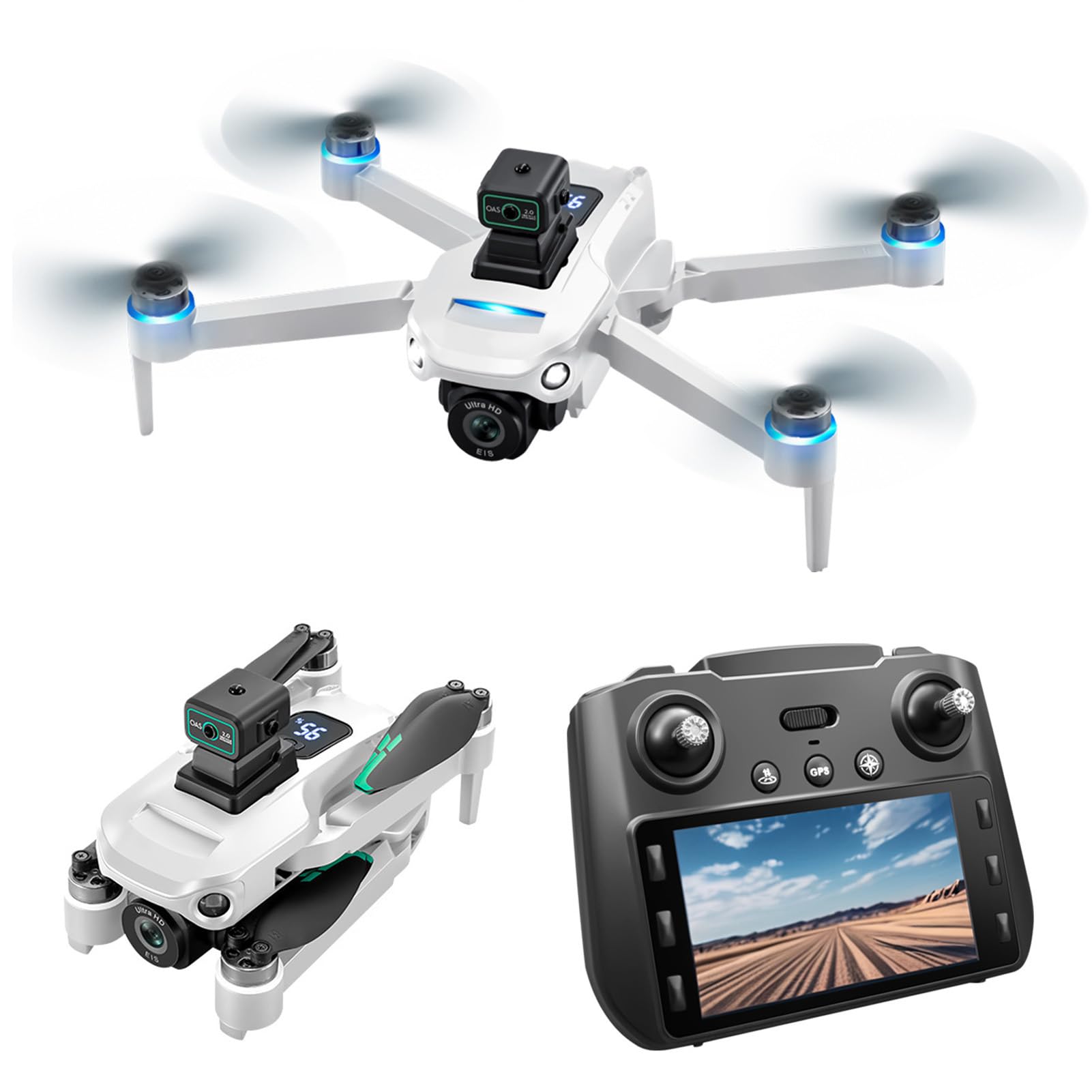 Drony z podwójną kamerą dla Dorosłych, Dron z Wyświetlaniem na Ekranie LCD Pilote App Pilot, Wi -Fi 5G RC Quadcopter dla Początkujących, Inteligentne Unikanie Przeszkód (2 baterie)