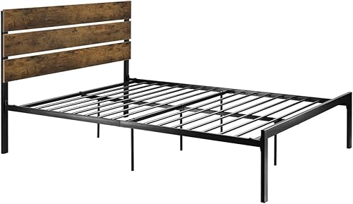 Miniatura 8 de Allewie - Base de cama con cabecera de madera, marco y tiras metálicas, diseño rústico de estilo campestre, estructura de metal fuerte, fácil de
