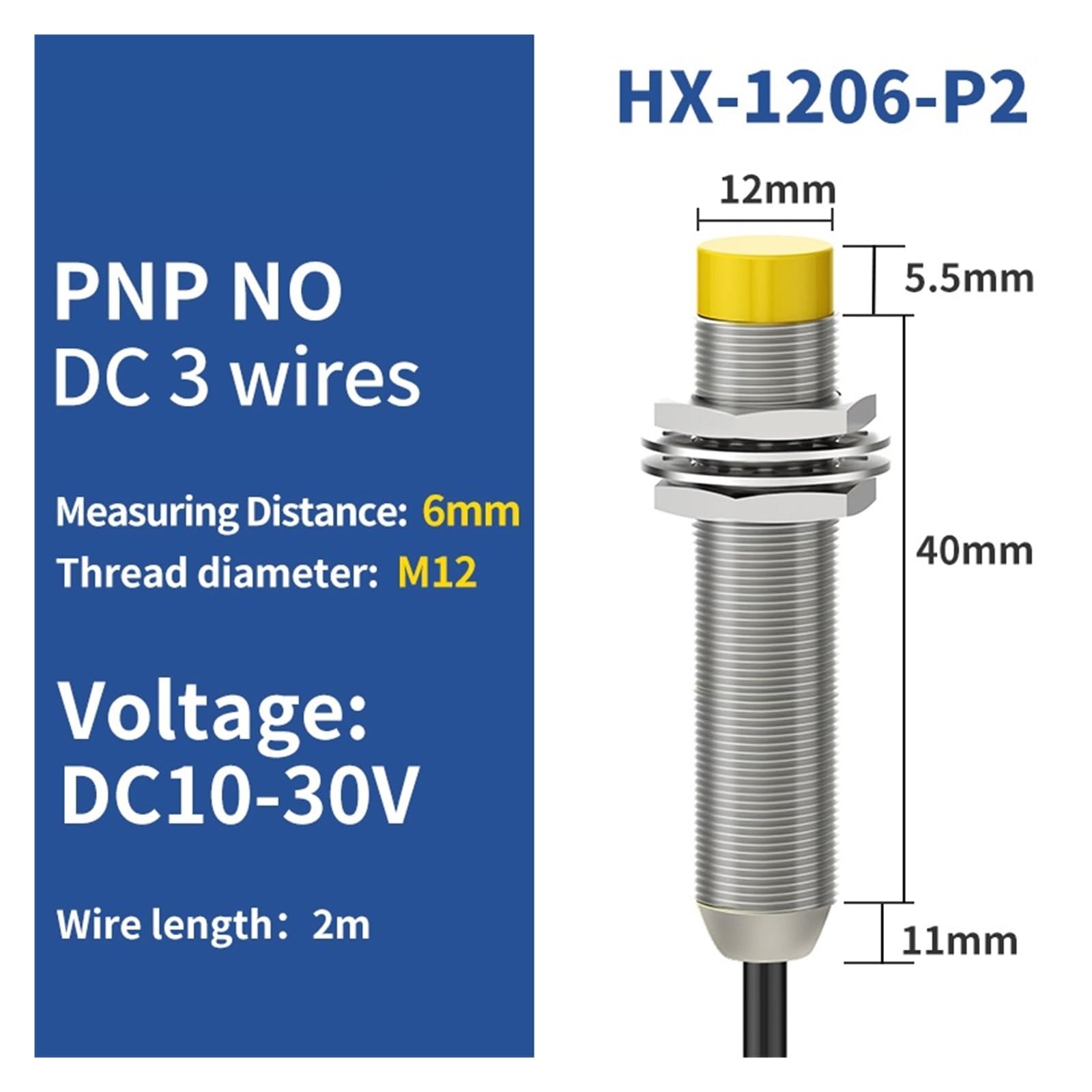 SHIHUANI 1pcs M12 Inductive Proximity switches,NPN PNP NO NC,3wire,DC10-30V,2m PVC Cable 2mm 4mm Flush Non-Flush Metal Detection(PNP NO 6mm Non-Flush)