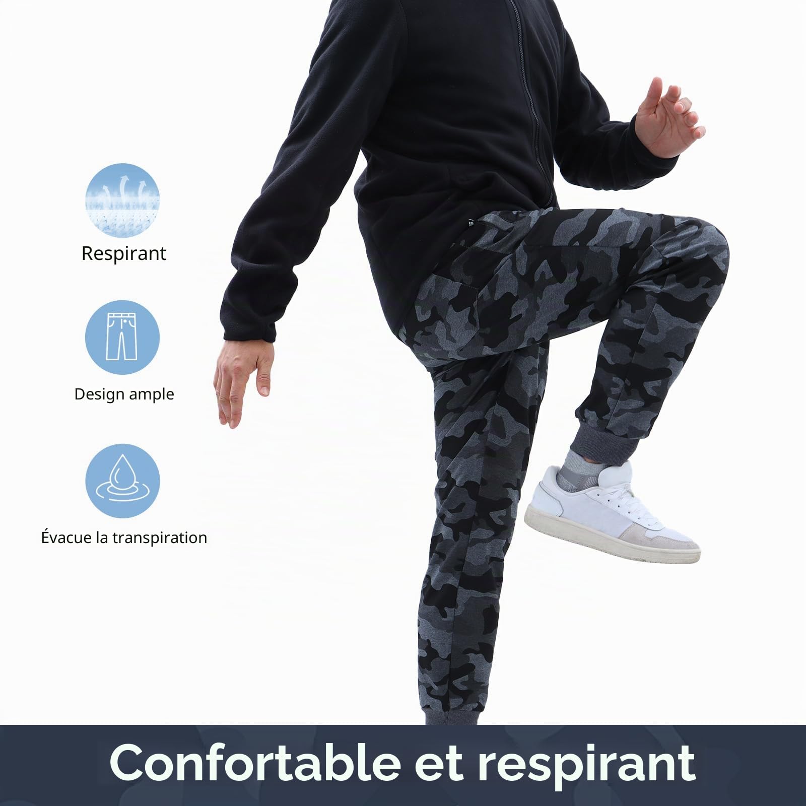 Bas de Survêtement pour Hommes, Joggings Camouflage avec Poche Zippée, Pantalons de Sport Respirants avec Taille élastique pour Course, Entraînement