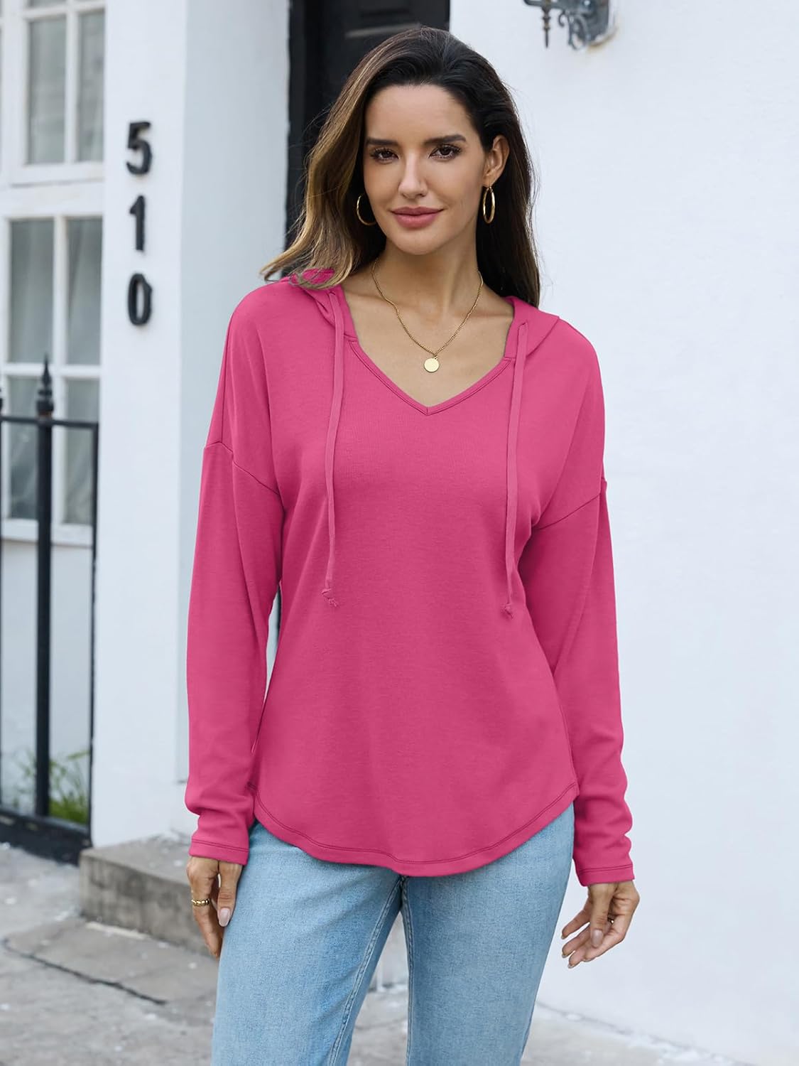 Womens V Neck Hoodies Lightweight Drawstring Sweatshirts Casual Loose Pullover Fall Long Sleeve Hooded Top 2026 - Image 2