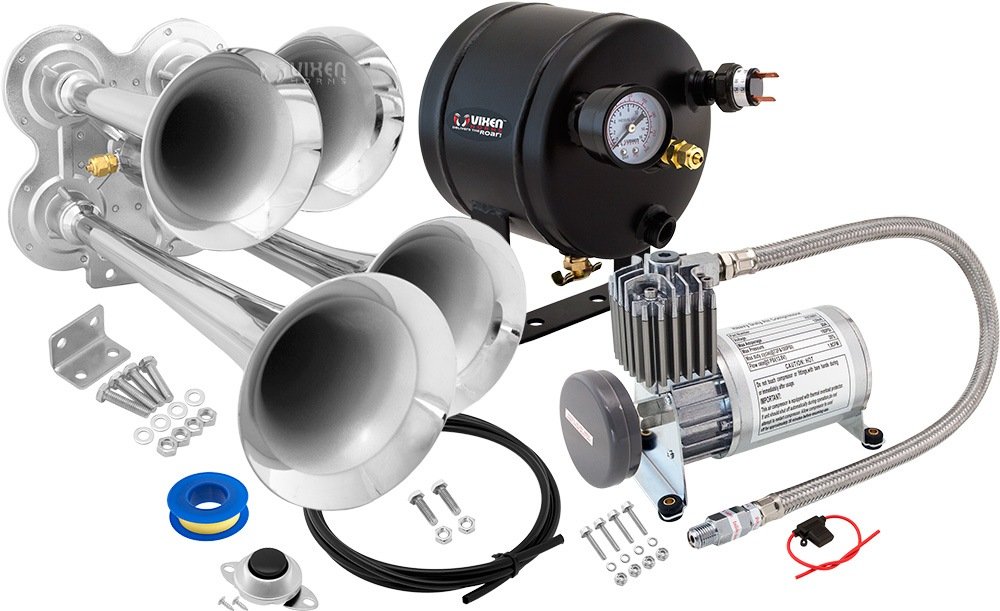 Vixen Horns Train Horn Kit for Trucks/Car/Semi. Complete Onboard System- 150psi Air Compressor, 0.5 Gallon Tank, 4 Trumpets. Super Loud dB. Fits Vehicles like Pickup/Jeep/RV/SUV 12v VXO8805/4114