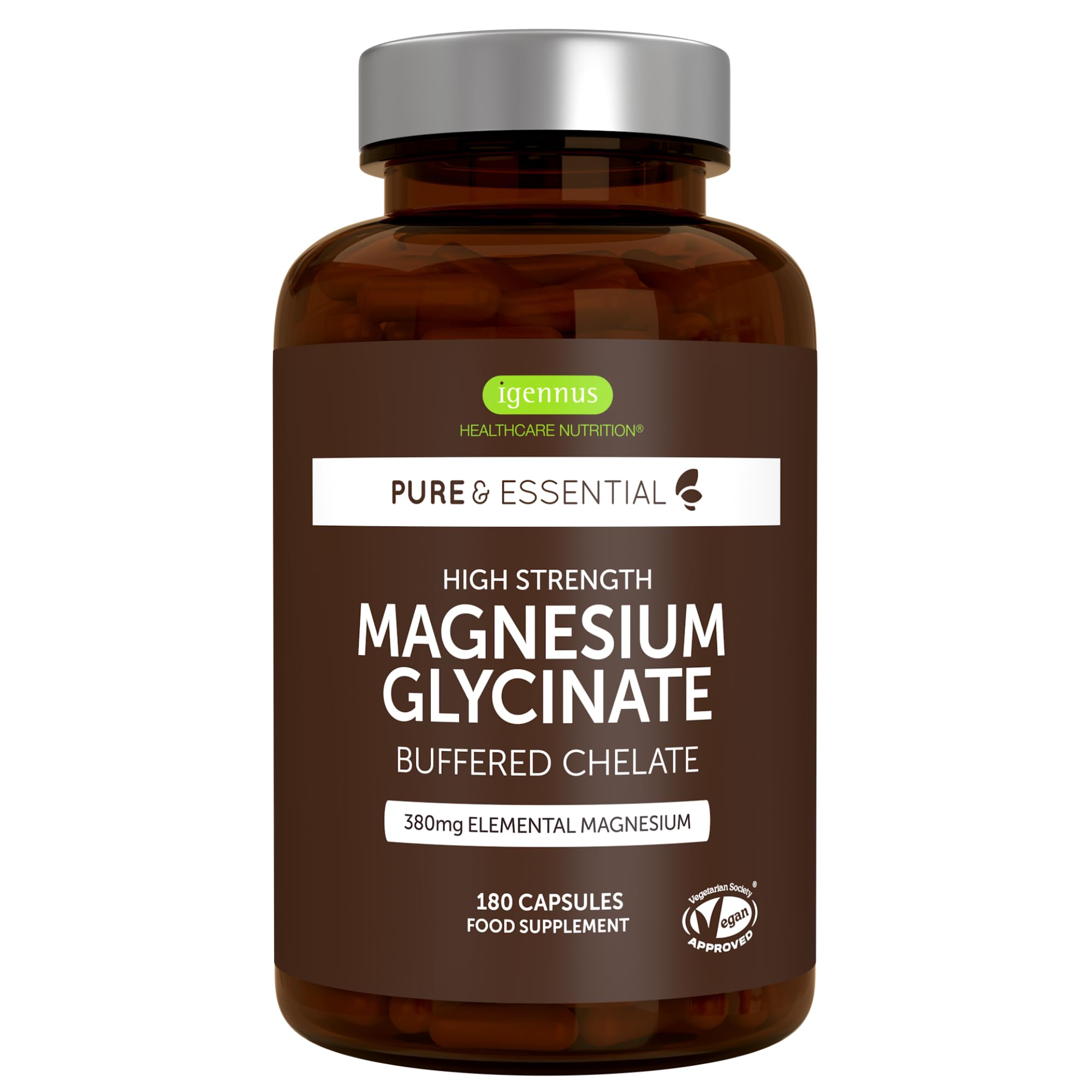 Igennus Glicinato de Magnesio Quelado 1300 mg, 380 mg de Magnesio Elemental Puro, 180 Cápsulas/ 3 Meses, Bisglicinato de Acción Rápida y Alta Absorción, Ingredientes Puros y Vegano