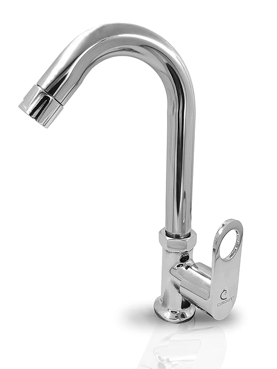 CUROVIT ORNAMIX Smart Brass Swan Neck Pillar Cock/Swinging Spout Tap for Wash Basin/Kitchen Table/Deck Mounted/Shiny Chrome Plated Quarter Turn
